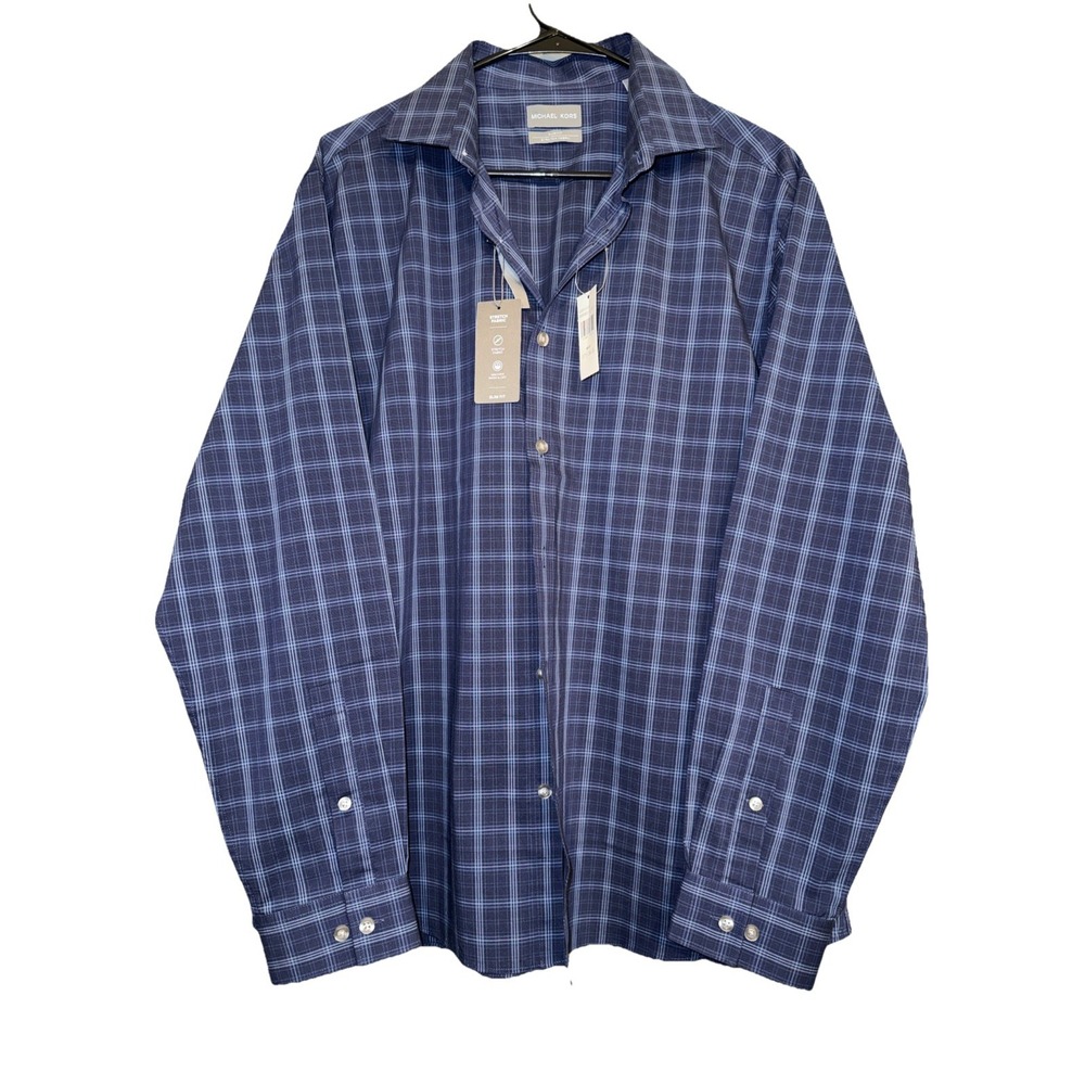 Michael Kors Mens Shirt Navy Blue Check Button Down XL Slim Fit